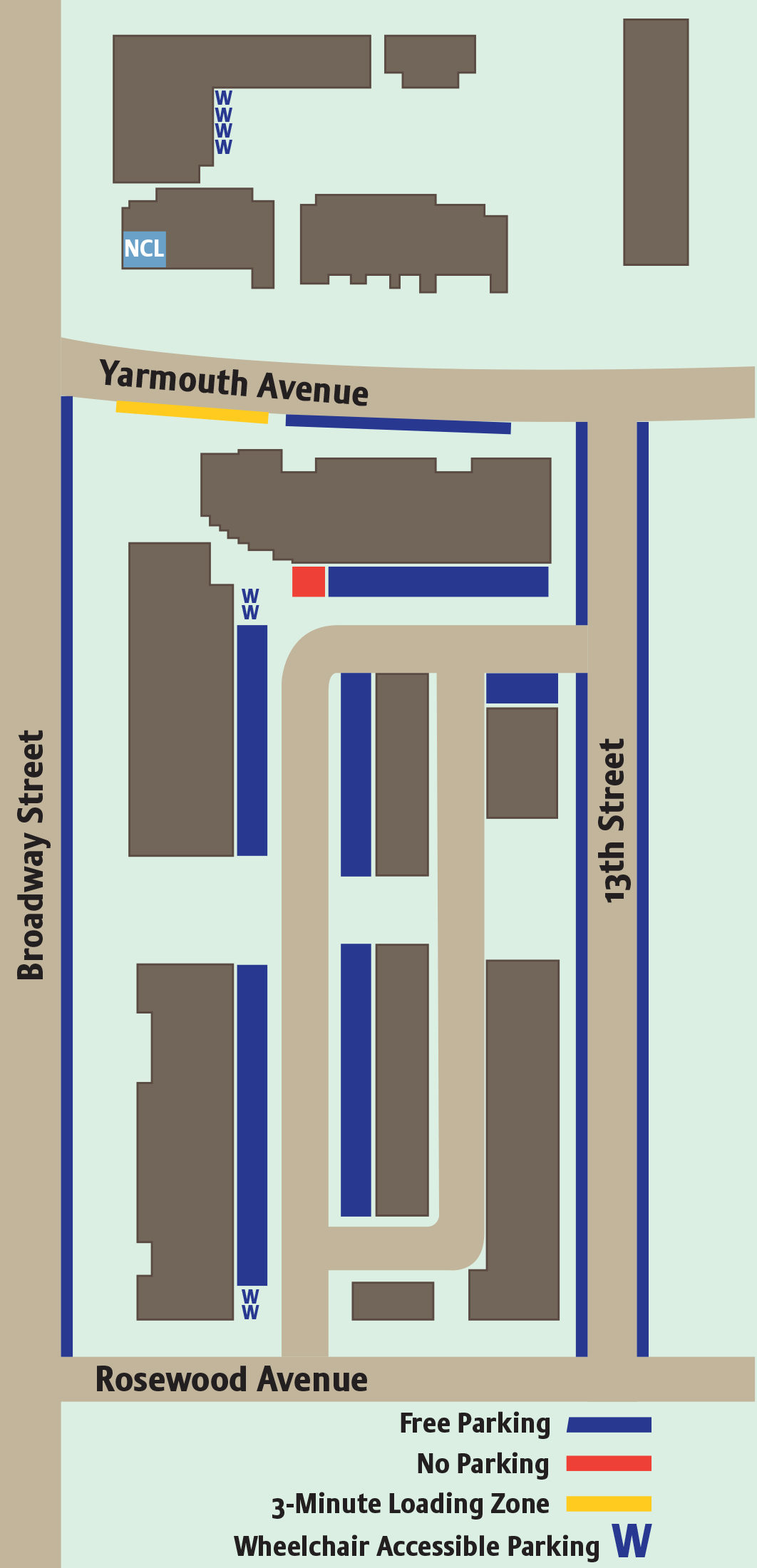 Map showing intersection of Broadway, Yarmouth and 13th Street for parking options