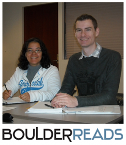 BoulderReads student and tutor with logo 2017