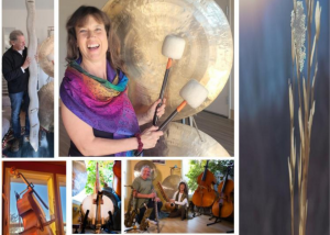 multiple pictures of people playing different instruments, including the cymbals, cello, and wind instruments