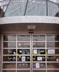 Main Library with thank you notes and yellow ribbons on front doors