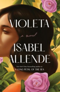 book cover for violetta features a women long brown hair turned to the side and some pink roses.