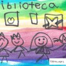 This card design is a rainbow background with a group of 4 stick people smiling and the word biblioteca written across the top. It is by Fatima age 5