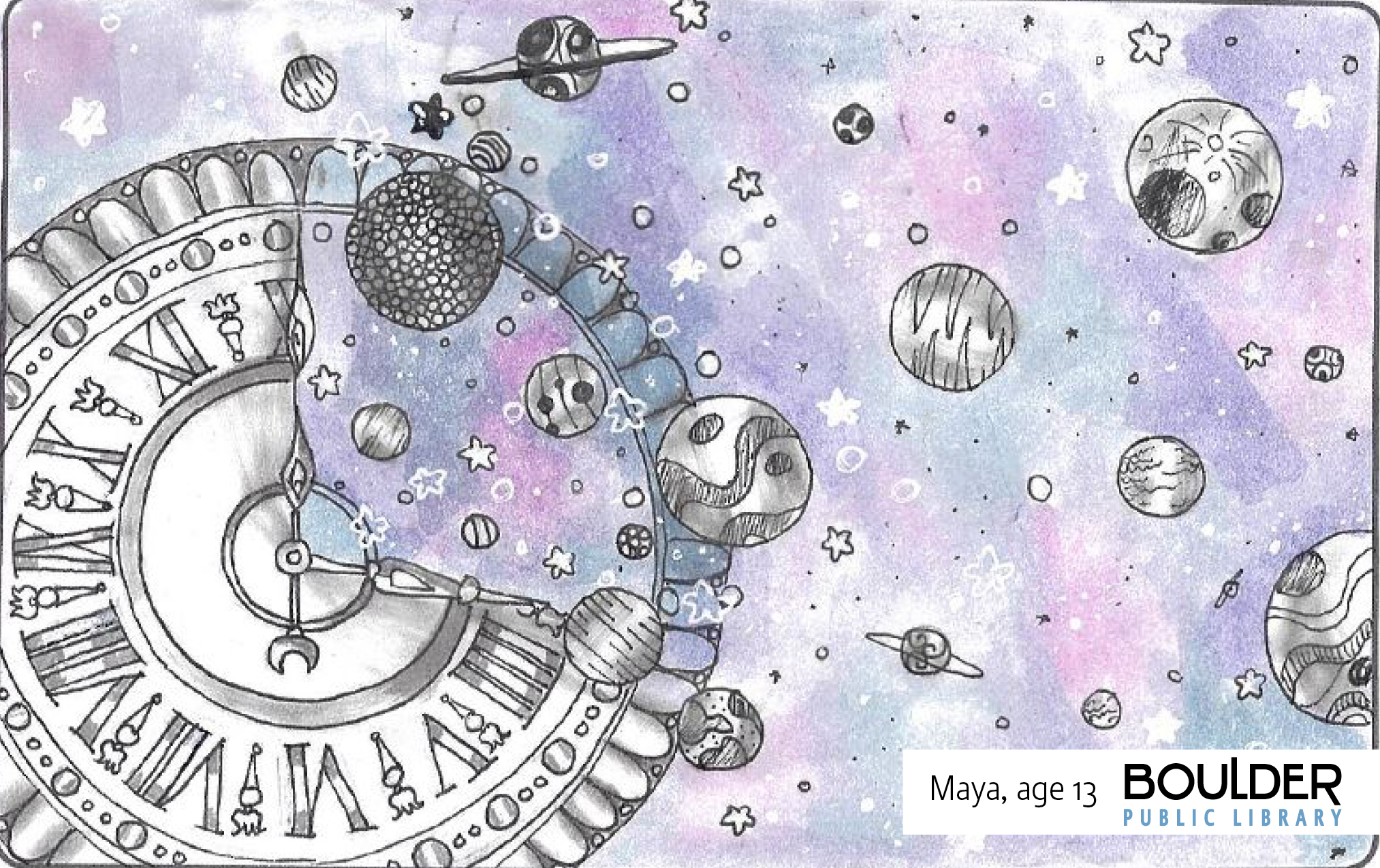 This card design has black and white drawing of a clock that with roman numbers disintegrating into the planets. The background is water color of purple and blue. It is by Maya age 13