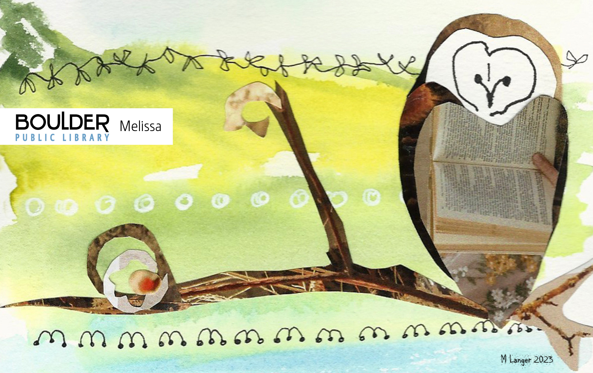 This card design has an owl, with an image of an open book for his torso. He is on a branch. It is by Melissa
