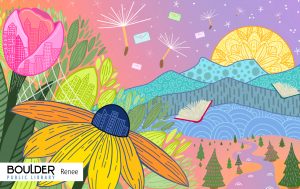 This card design is a sun setting behind mountains, with a yellow cone flower in the foreground. There is a open book floating in the air with dandelion fluff. It is by Renee