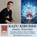 Poster showing image of author Kazu Kibuishi and the cover of his book Amulet: Waverider