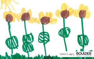 Library Card Art Winner 2024 by Colton, Age 5 Yellow flowers in the sun, hand drawn.