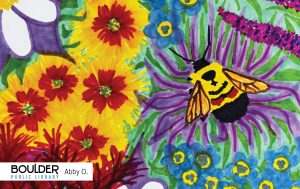 Library Card Art Winner 2024 by Abby A drawing of a bumble bee on a variety of flowers.