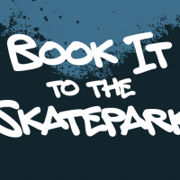 graphic with a 2 skaters with a blue background white text reads Book It to the Skatepark