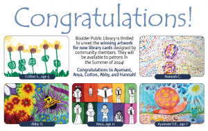 New Library Card graphics for 2024. Winners selected from March Library Card Art contest.