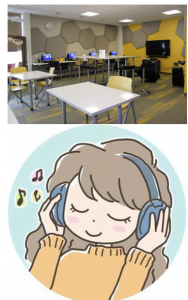 Main Library teen space a drawing of a young person listening to music on headphones