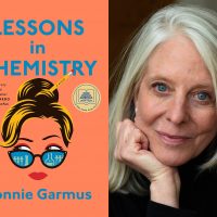 Book cover for Lessons in Chemistry by Bonnie Garmus and a headshot picture of Bonnie Garmus beside the cover.