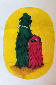 image of art exhibition by artists Kendall B. Harper. Image has 2 furry creatures, one green with white glasses and slightly taller than the red furry creature. on a yellow circle background.